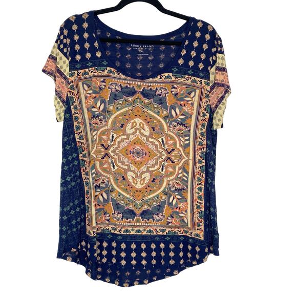 Lucky Brand Blue Persian Carpet Art to Wear Boho Lagenlook Graphic Tee Size XL - Picture 1 of 9